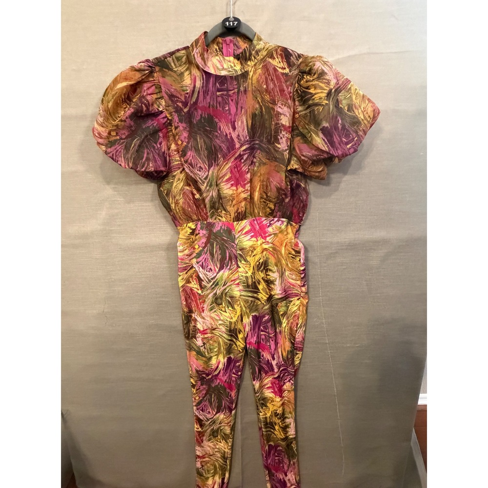 L 117 No. 1 Los Angeles L Abstract Print Puff Sleeve Fitted Jumpsuit Boutique - Picture 3 of 5